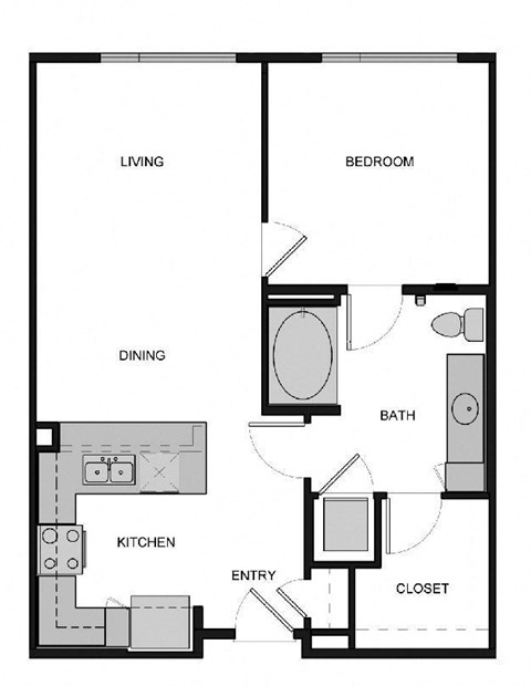 Floor plan for 1 bed, 1 bath, 741 sqft